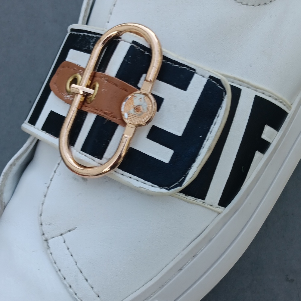 Fendi White Leather Signature Zucca Buckled Low Top Sneakers - Picture 7 of 17